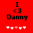 Red background displays 'I <3 Danny' text with pixelated hearts below, where one heart changes color between frames.