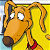 Pixelated cartoon dog head with large white eyes, brown nose, and red collar against yellow background.