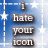 Static buddy icon with blue gradient background featuring white stars and a vertical line, displaying the text "i hate your icon" in three stacked segments with dark outlines.