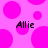 Pink polka-dot background with two instances of the text 'Allie' in black pixelated font, each positioned over a pink circle.
