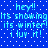 Blue background with white dots and repeated cyan text reading 'hey!! its snowing its winter! i luv it!' in a pixelated style.