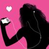 Silhouette of a person with long dark hair holding a white device with earphones, a white heart symbol on a pink background.