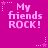 A static image with a bright magenta background displays repeated text "My friends ROCK!" in light pink pixelated font, surrounded by small white stars and dotted lines.