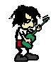 Pixel art character with black hair, white shirt, red shorts, and green guitar; five of identical static poses on white background