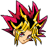 Pixel art head of a character with spiky pink and yellow hair, red eyes, and three distinct facial expressions against gray background.