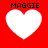 Four white heart shapes on red background with "MAGGIE" text above each, varying pixelation and alignment across frames.