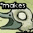 Pixelated cartoon bird with open beak and large eye, overlaid text 'makes' on light green background.