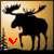 Pixelated static image of a dark moose-like figure with antlers holding two light-colored boxes against a gradient background, one box featuring a red heart symbol.