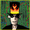 Pixelated avatar with black top hat featuring orange-yellow flames, dark sunglasses, black shirt, and green circuit-patterned background with red and blue lines.