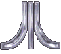 Metallic silver abstract shapes with curved arms and vertical stems, arranged in a of four and four on a gray background