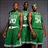Three figures in green basketball jerseys with white numbers stand side-by-side against a gray background.