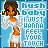 A 6-frame animated contact sheet of a pixel-art cartoon woman in white clothing against a blue background with repeated text "hush baby I JUST HANNA FEEL YOUR TOUCH".
