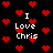 Black background with red pixelated hearts and white text reading "I Love Chris" in multiple positions.