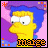 Pixelated cartoon character with yellow skin and blue hair, static pose, pink and purple background, orange and black text at bottom.