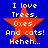 Blue background with four identical red stars, each overlaid by white pixelated text reading "I love Trees. Oxes. And cats! Heheh...".