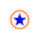 Six blue stars in orange rings of varying sizes arranged in two on a white background