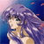 Pixelated anime-style character with long purple hair, green eyes, and a light-colored top against a blue gradient background with pink accents.