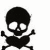 Black pixelated skull with large white eyes and a small nose, arms raised in a V-shape against a plain background.