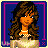 Animated contact sheet of a pixel art character with long brown hair and pearl necklace, showing full-body views, close-ups, and text frames on blue backgrounds.