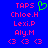 Blue background with pink text listing names and symbols, including a green heart symbol above the first name.