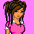 Pixel art contact sheet showing three distinct frames of an animated buddy icon with a pink background, featuring character segments and text phrases.