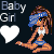 Pixel art contact sheet showing two animated frames of a cartoon girl with blue headband and white top, each paired with 'Baby Girl' text and heart symbol on dark background.