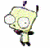 Pixelated cartoon character with yellow body, black limbs, and multiple circular eyes on a white background.