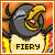 Pixelated cartoon bird with closed eyes, yellow beak, and horns, standing on a beige base with 'FIERY' text, surrounded by orange and yellow flames.