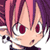Pixelated anime-style character face with pink and purple hair, red eyes, and a neutral expression on a white background.