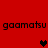 Red background with repeated black text 'gaamatsu' and pixelated hearts in different positions.