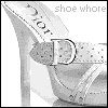 A grayscale animated contact sheet showing two frames of a high-heeled shoe with Dior branding and the text "shoe whore" above it.