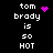 Black background with white pixelated text reading "tom brady is so HOT" and three distinct purple pixel art symbols.