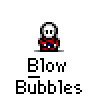 Animated contact sheet of a pixel art character blowing bubbles in red outfit with white face, displayed across 23 frames on gray background.