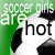 Pixelated graphic with green and white background displaying text 'soccer girls are hot' alongside black soccer ball fragments.