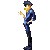 Pixelated character in blue uniform with black hat and yellow scarf, standing against gray background holding object near mouth.