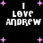 Black background with white pixelated text reading "I LOVE ANDREW" surrounded by pink plus signs, with visible animation changes in text and star positions.
