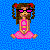 Pixelated icon of a person with brown hair in pigtails, wearing pink sunglasses and a pink dress against blue background.