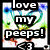 Animated icon with text 'love my peeps!' over a heart-shaped design, transitioning to a simplified version without text.