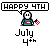 Pixelated character with white face and green shirt holds red-white-blue flag; text "July 4th" below; speech bubbles read "HAPPY 4TH" and "OF JULY!!!" with animated confetti.