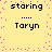 Yellow background with purple pixel dots, four identical text blocks reading 'staring' above 'Taryn' in dark blue font.