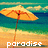 Pixelated beach scene with orange umbrella on sandy shore, turquoise water, and white text reading 'paradise' at bottom.
