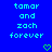 Blue background with cyan pixelated text reading 'tamar and zach forever' in two identical vertical , each with a green pixelated heart below