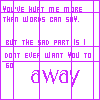 Purple pixelated text on white background arranged in with partial words and punctuation changes