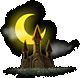 Pixelated castle with multiple towers under a yellow crescent moon and dark clouds on gray background.