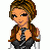 Pixelated cartoon character with brown hair in a bun, wearing dark top and brown jacket, holding hands near chest against white background.