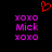Red pixelated heart symbol above two identical purple 'xoxo Mick xoxo' text blocks on black background.