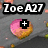 Pixelated icon with 'Zoe A27' text, a pink-and-yellow circular object with a black plus sign, and a gray background with scattered colored pixels.