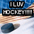A four- displays hockey pucks on a striped background with text overlays expressing affection for 'HOCKEY' and 'HIM'