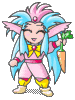Pixelated character with blue hair, pink accents, and yellow boots holds a carrot in one hand while the other hand is empty.