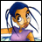 Pixelated character with blue braided hair and purple top against white background, next to black with white text